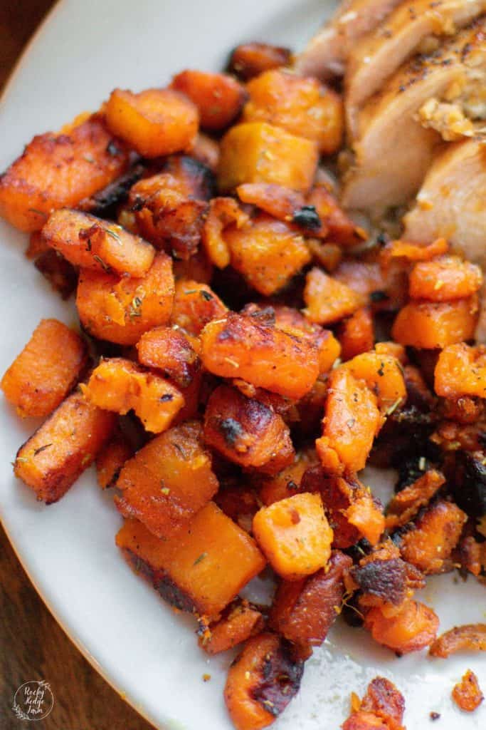 Pan Fried Sweet Potatoes on a white plate