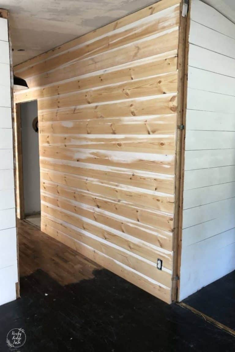 A shiplap wall in a mobile home