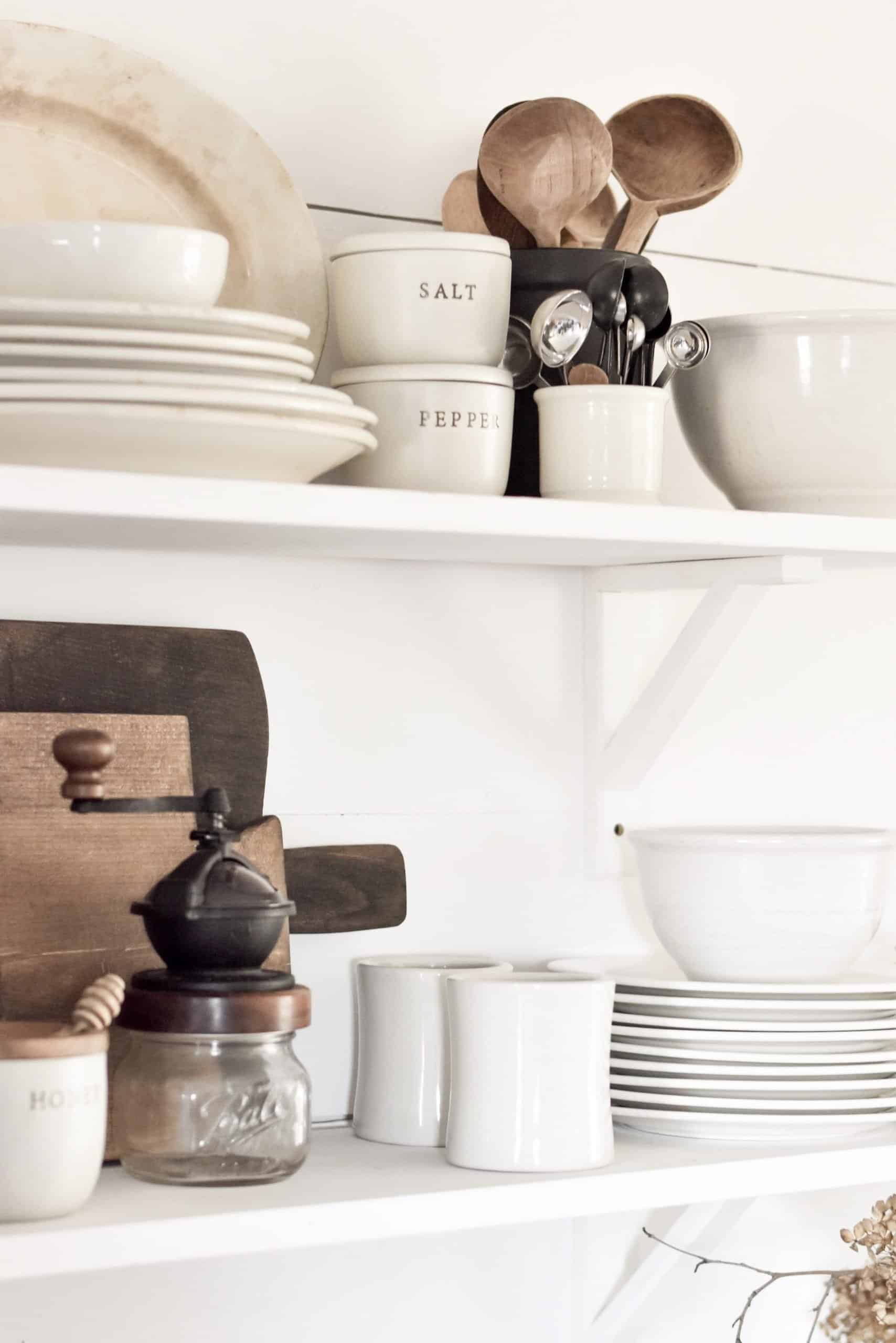 Wood and White Farmhouse Shelf Styling