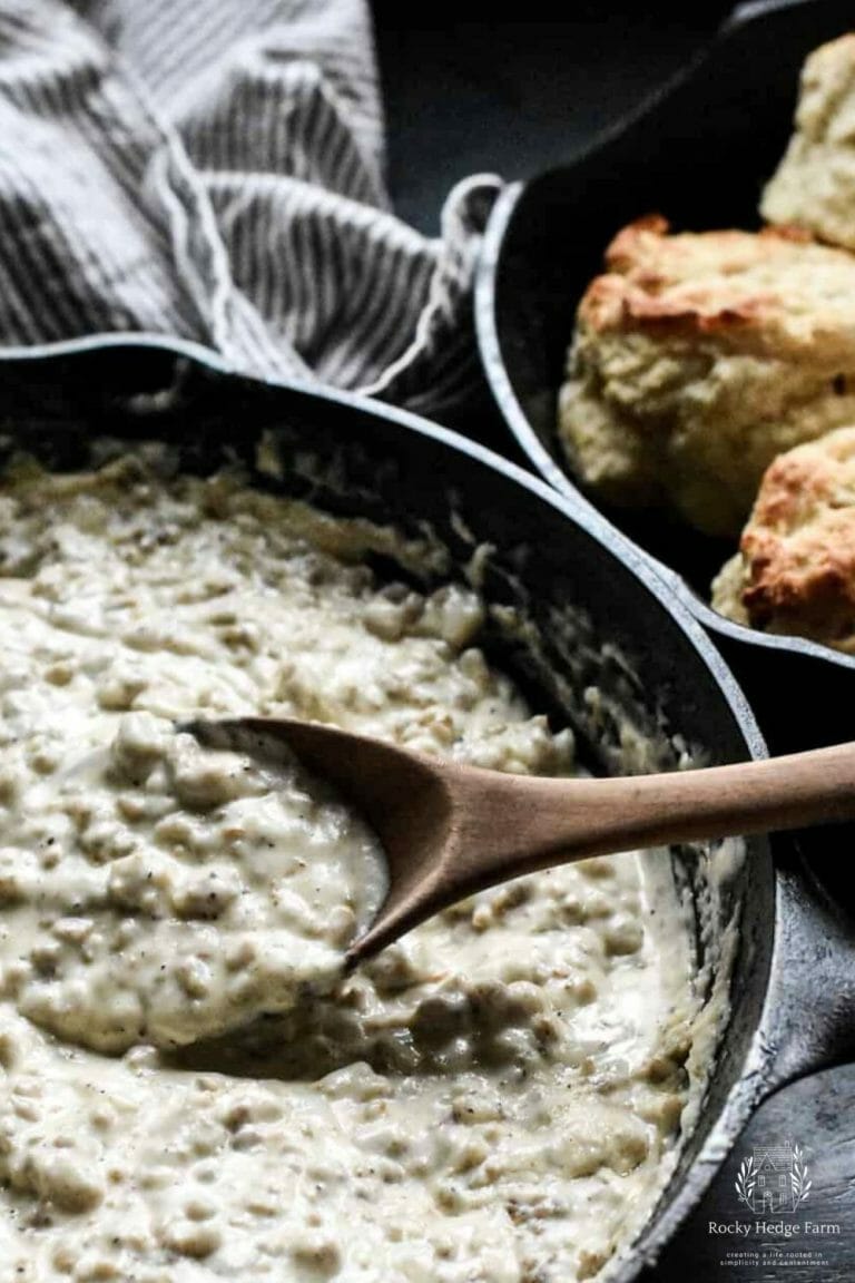 a skillet full of homemade sausage gravy