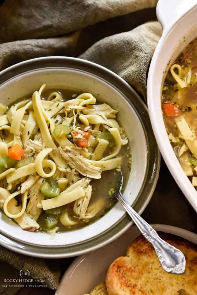 A bowl of homemade chicken noodle soup