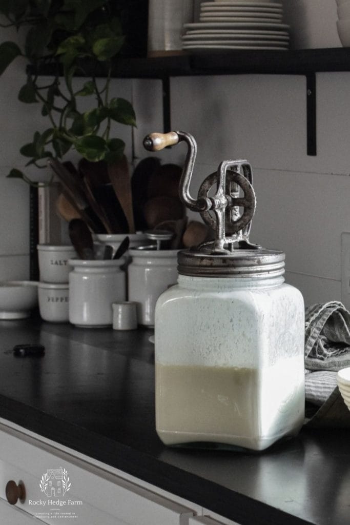 An old butter churn sitting on the counter filled with fresh cream.