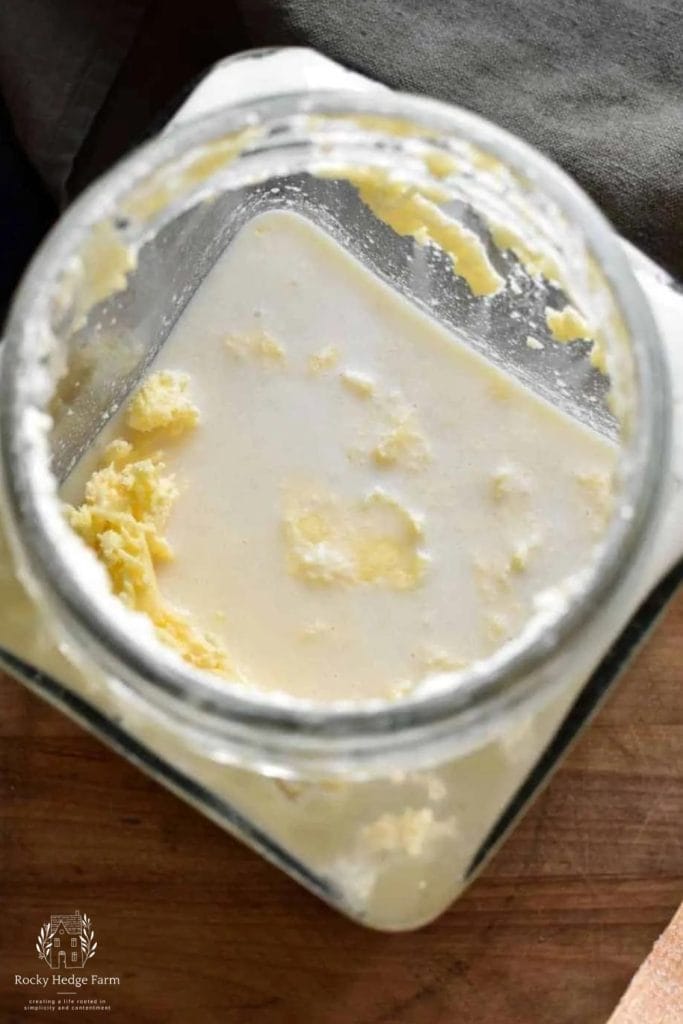 a view looking down into a butter churn where you can see that butter has formed