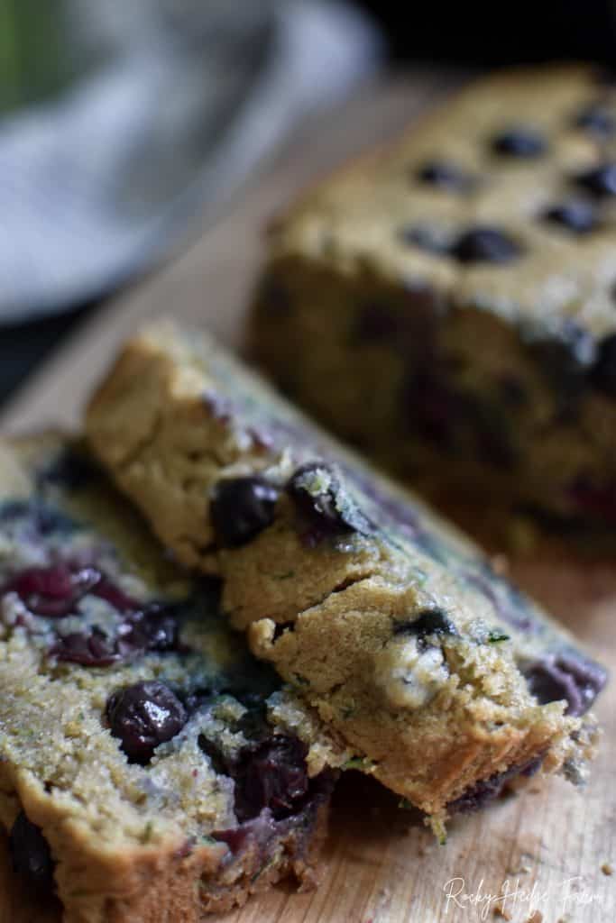 A slice of zucchini blueberry bread