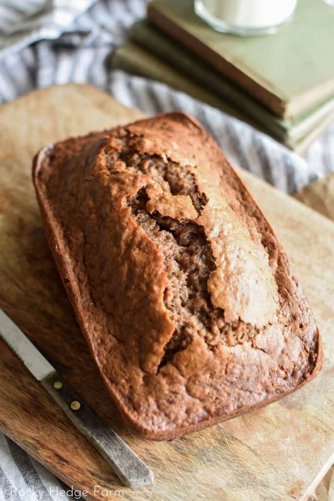 loaf of banana bread made with maple syrup and baking powder