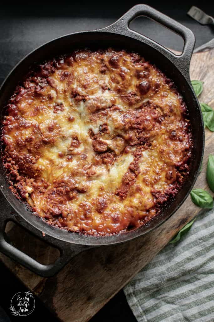 Homemade Dutch Oven Lasagna freshly baked in the oven