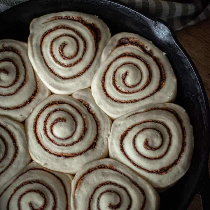 Cinnamon Rolls Rising in a Cast Iron Skillet