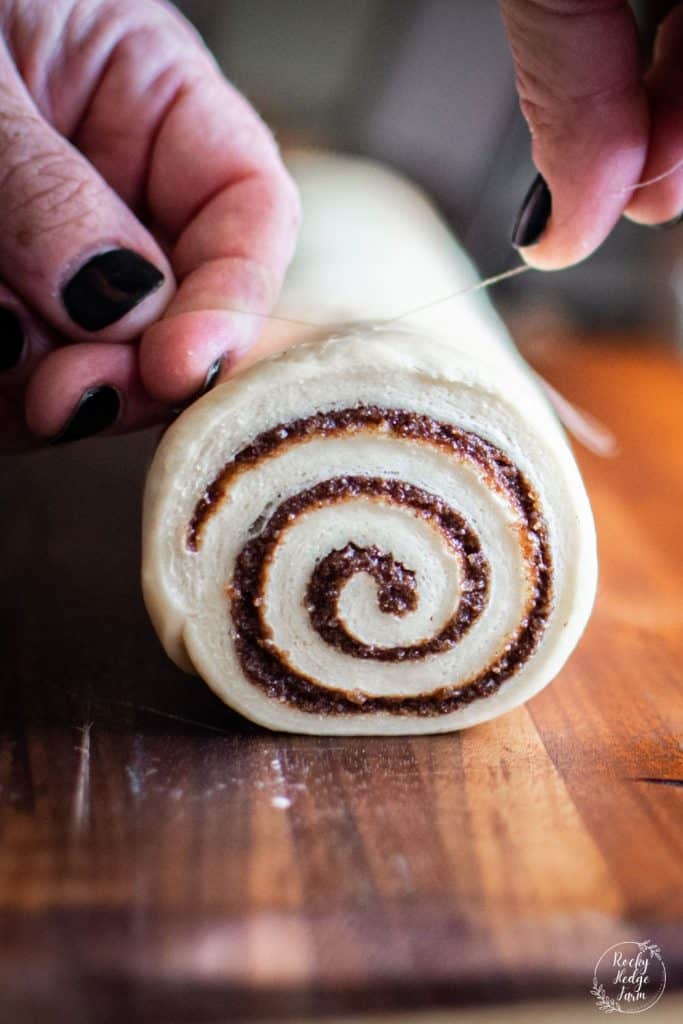 Cutting Cinnamon Roll Dough with Thread