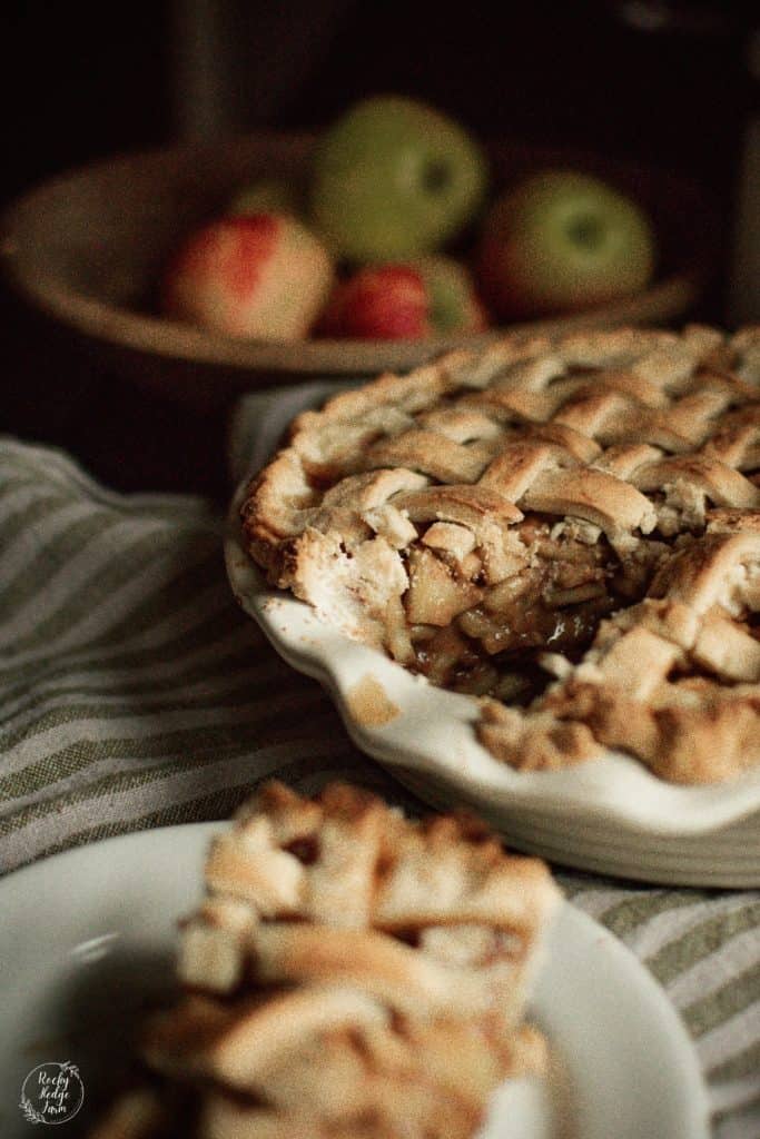 Homemade slice of apple pie with maple syrup