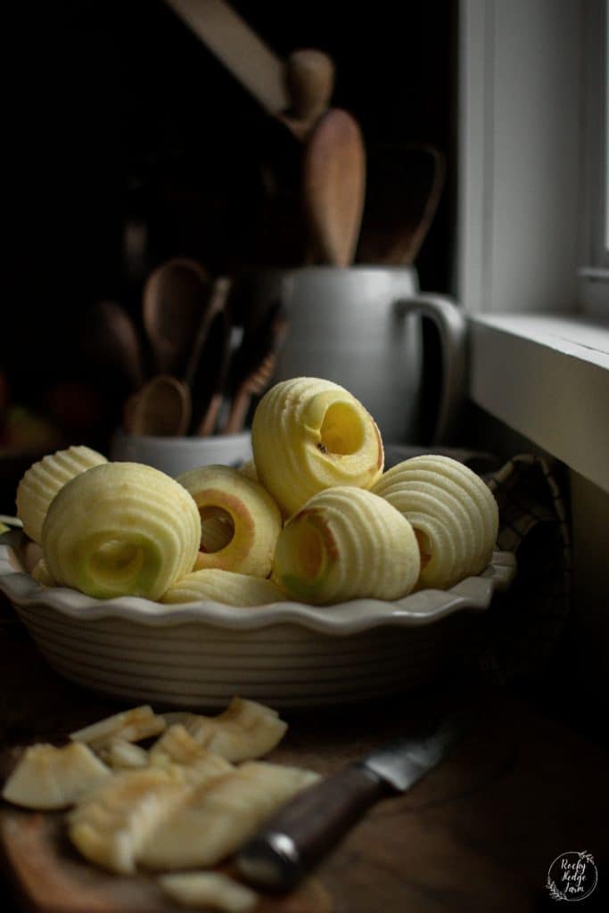 Peeled and sliced apples ready for making a pie