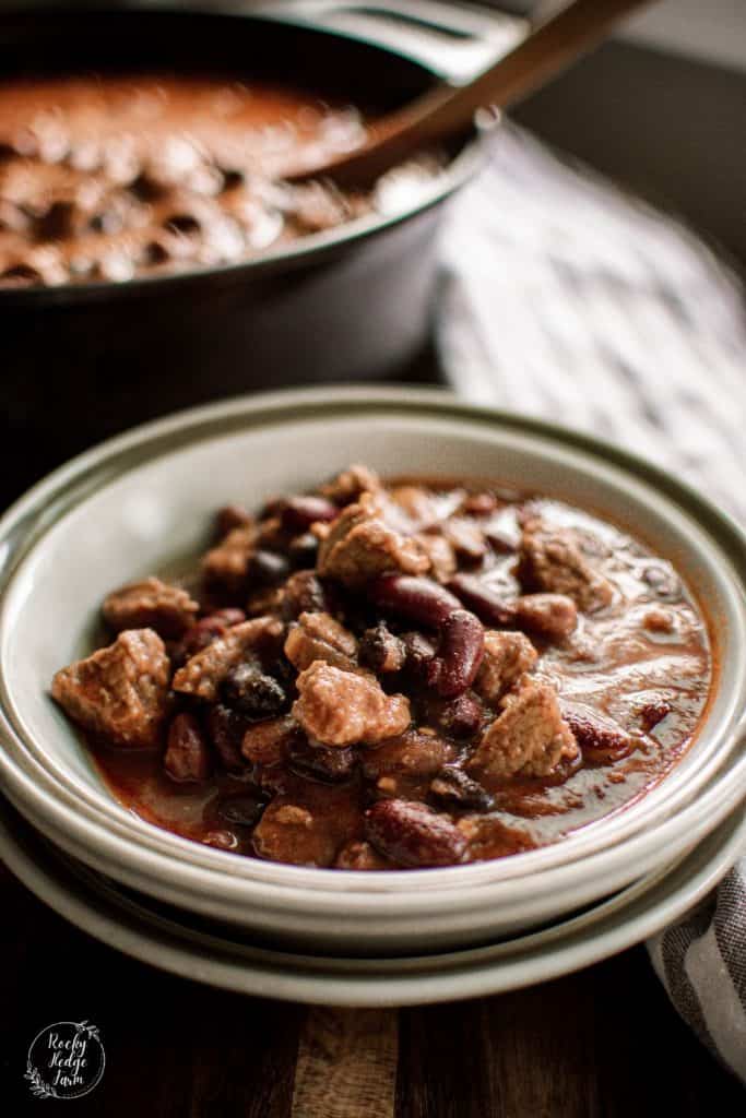 A bowl filled with chili made with stew meat