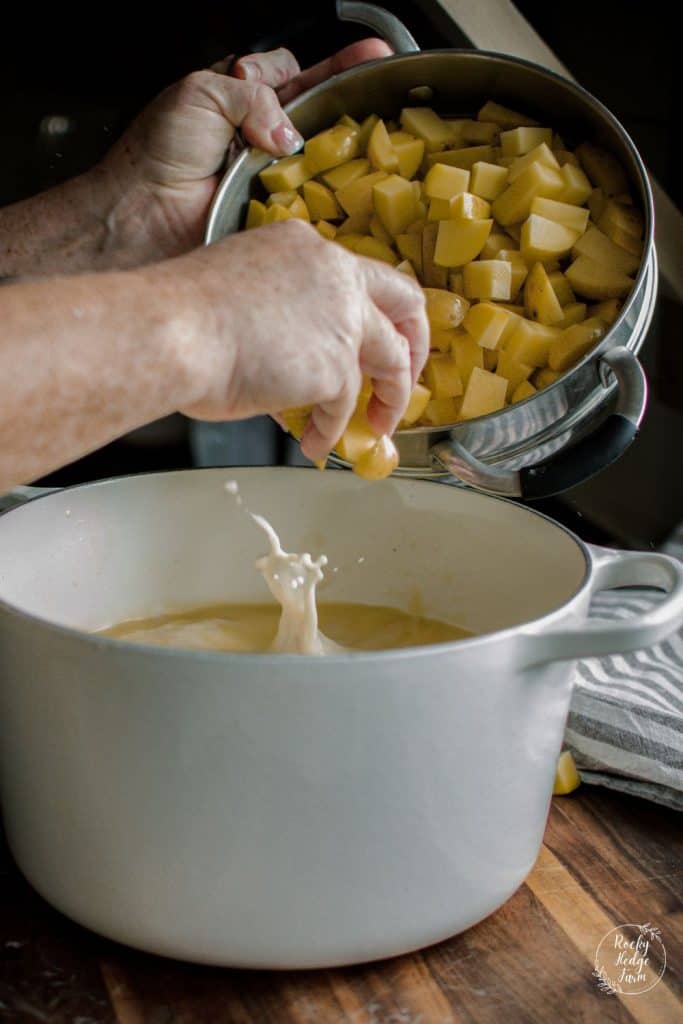 Adding Potatoes to a Dutch Oven for Potato Soup