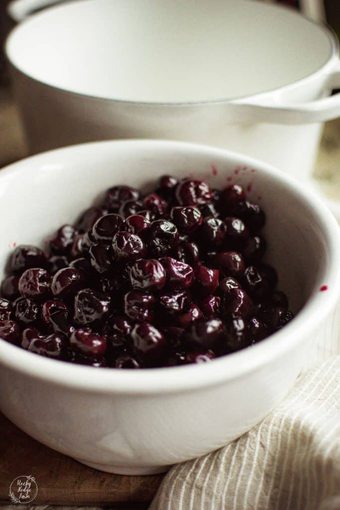 Organic frozen cherries in a bowl ready to be put in a cherry pie.