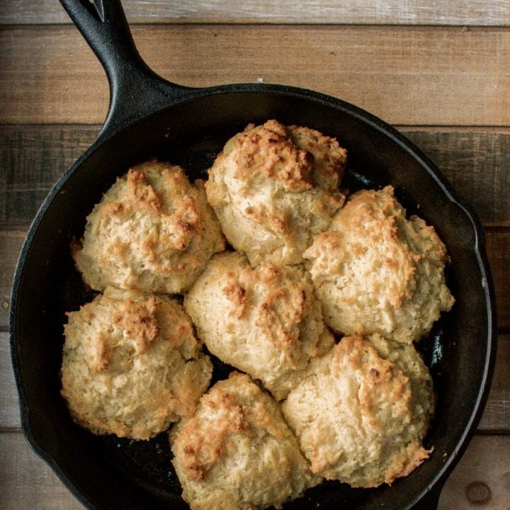 Buttermilk drop biscuits in a cast iron skillet