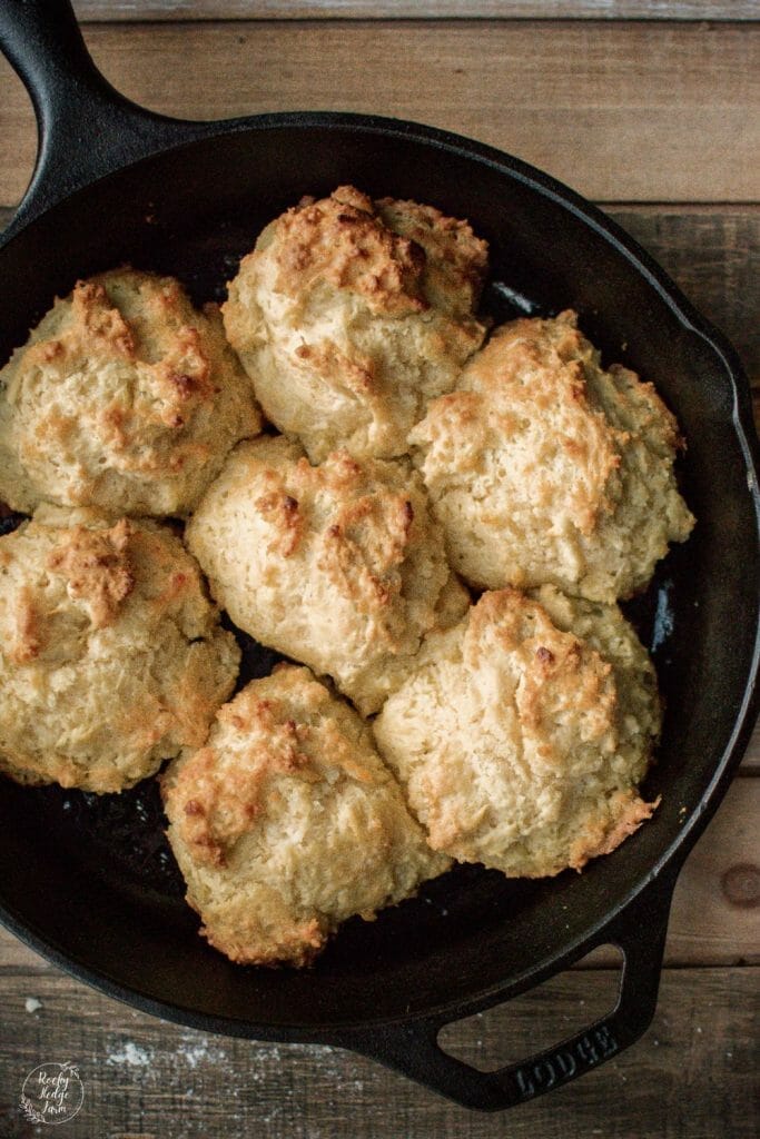 A cast iron skillet with buttermilk drop biscuits fresh out of the oven.