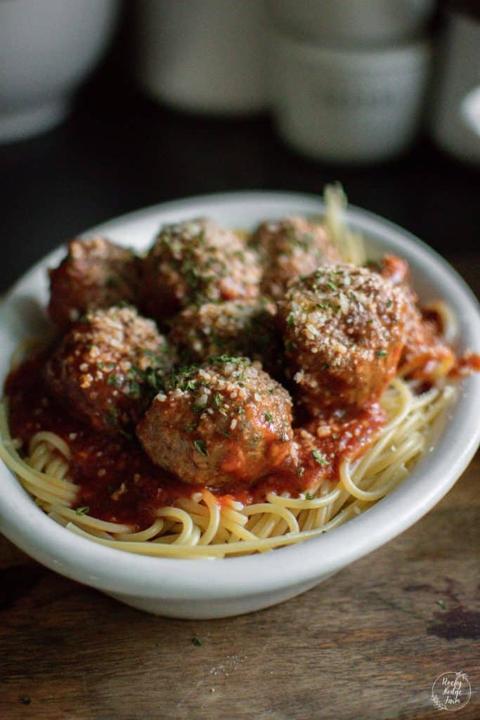 A white bowl filled with spaghetti noodles and topped with Italian Meatballs made from Homemade Recipe