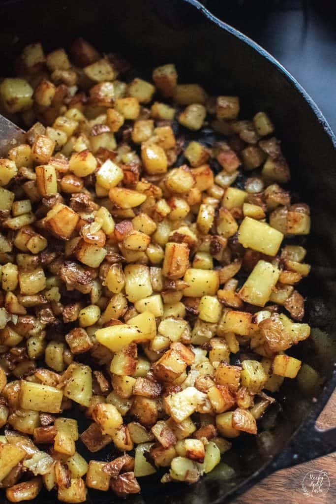 Cast iron skillet with fried potatoes