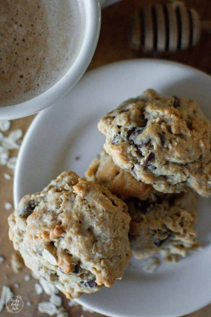 4 oatmeal and honey cookies on a plate. 