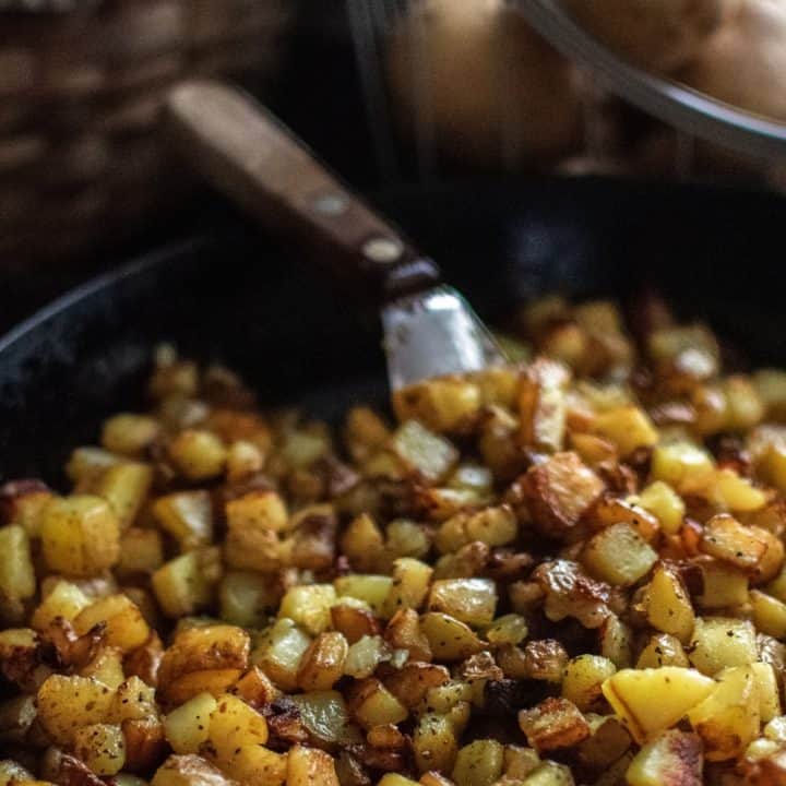 Skillet filled with fried potatoes