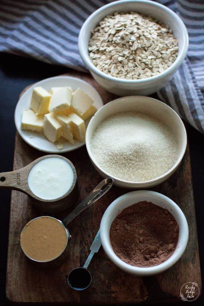 Ingredients for no bake cookies on a cutting board