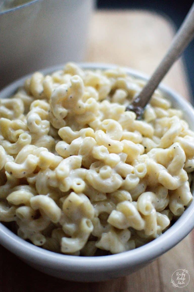 Bowl of homemade white cheddar mac and cheese