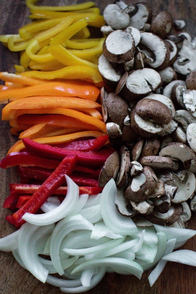 Chopped vegetables for steak skillet fajitas. 