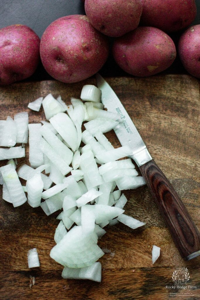 Chopped onions on a cutting board