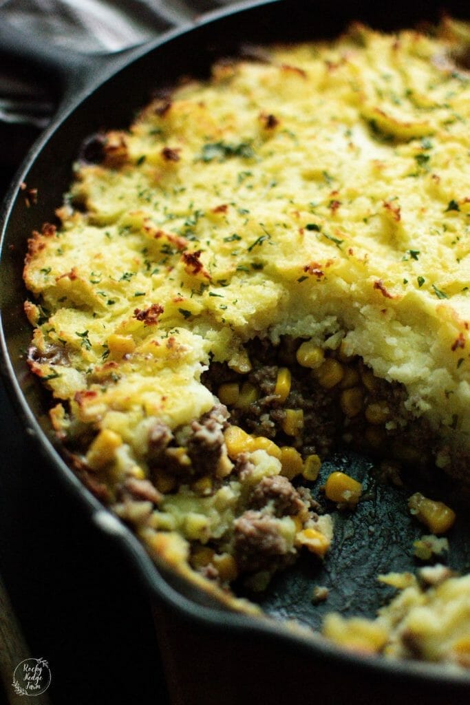 A comforting and delicious meal, this Shepherd's Pie is loaded with seasoned ground beef, sweet corn, and creamy mashed potatoes