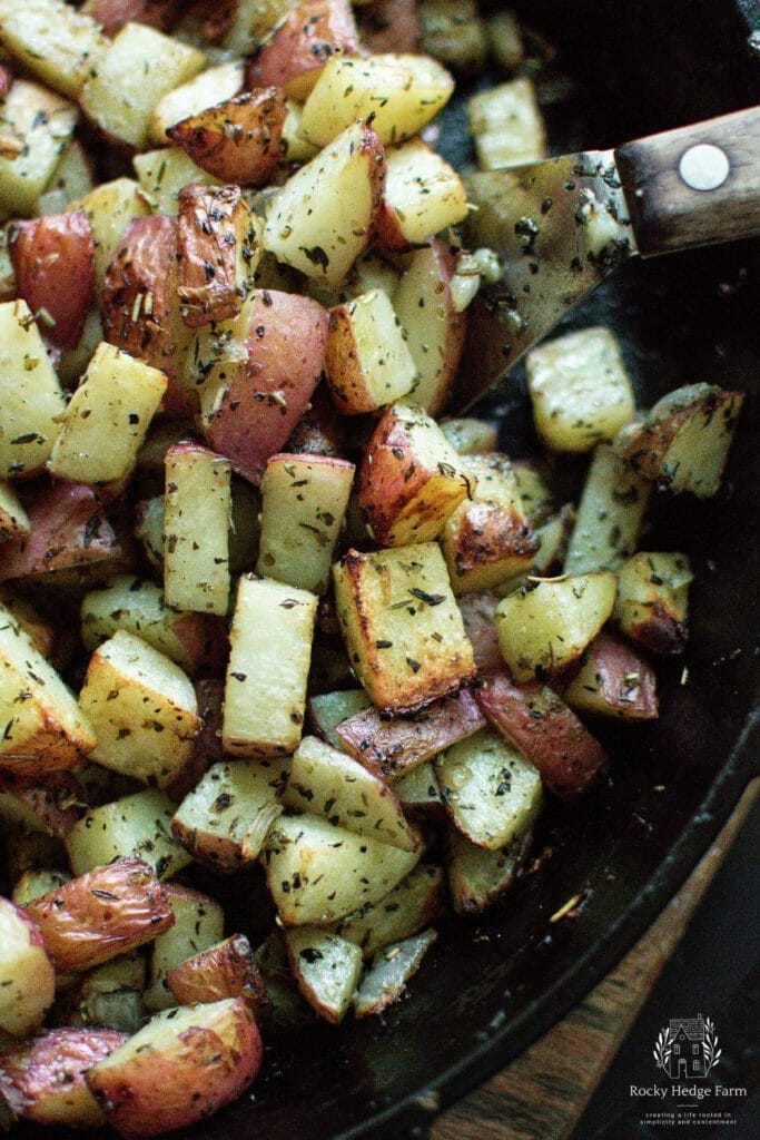 Oven-ready cast iron skillet filled with potatoes and onions