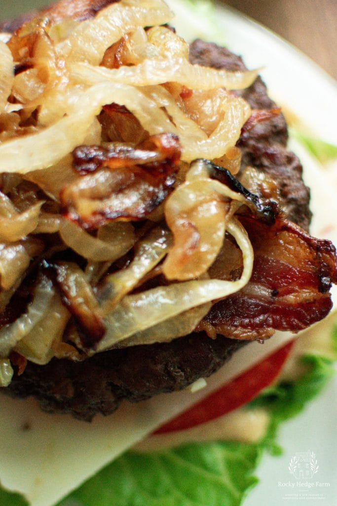 A burger with lettuce tomato and caramelized onions