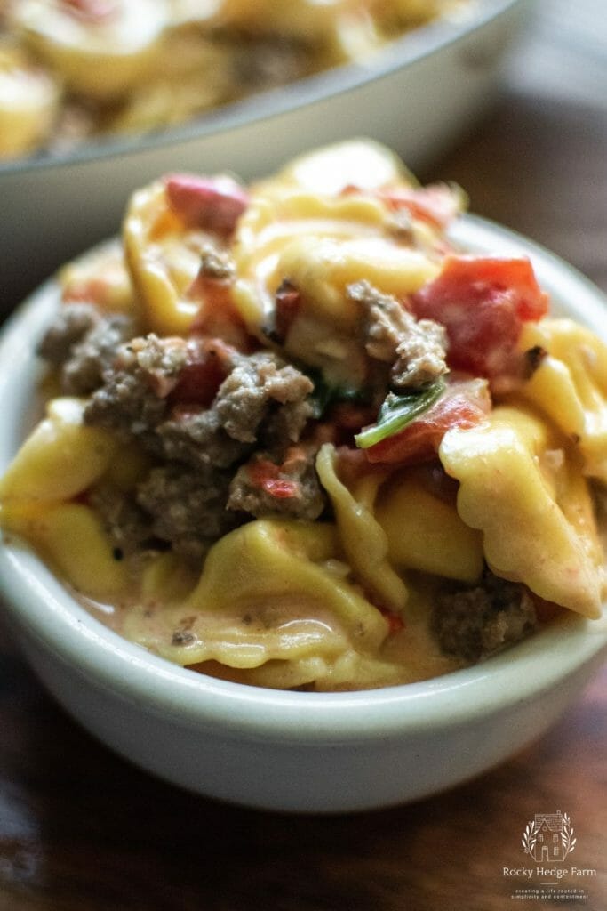 A bowl filled with creamy tortellini, sausage, and spinach, inviting you to dig in.

