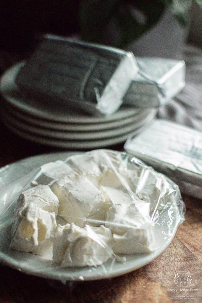 Cubes of cream cheese on a plate