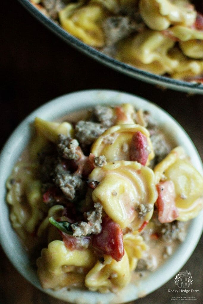 A mouthwatering bowl of tortellini with a creamy sauce, 