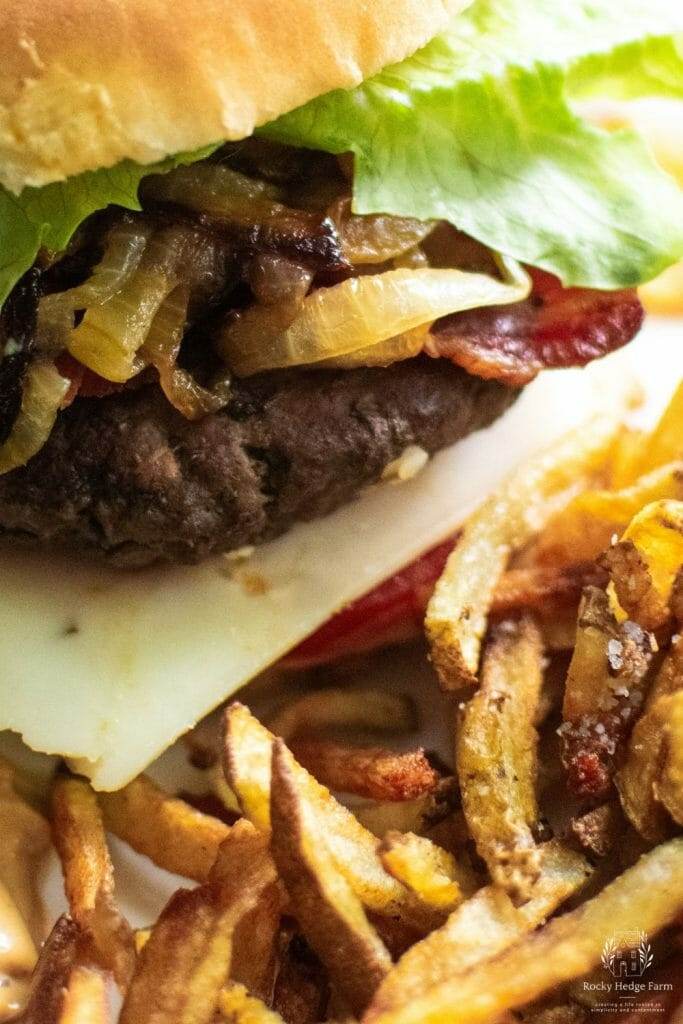 Cast iron skillet burger with french fries