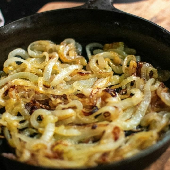 caramelized onions in a cast iron skillet