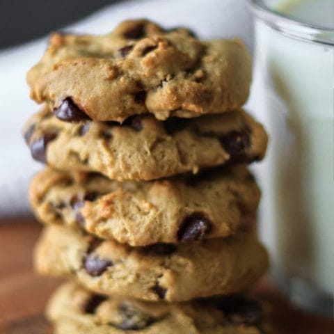 a stack of freshly baked sourdough chocolate chip cookies with discard
