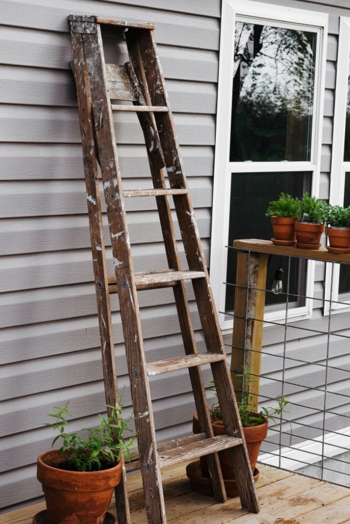 An old wooden ladder has been repurposed as a planter for various herbs in terracotta pots. The ladder is displayed on a deck.