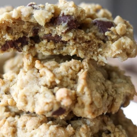 Chewy oatmeal chocolate chip cookies loaded with melty chocolate chips. No chilling required, just pure deliciousness.