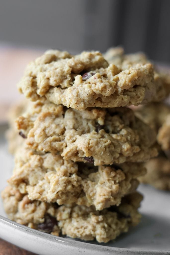 Warm, chewy oatmeal chocolate chip cookies made with a quick and easy no-chill dough.