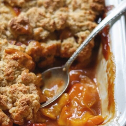 close up of peach cobbler