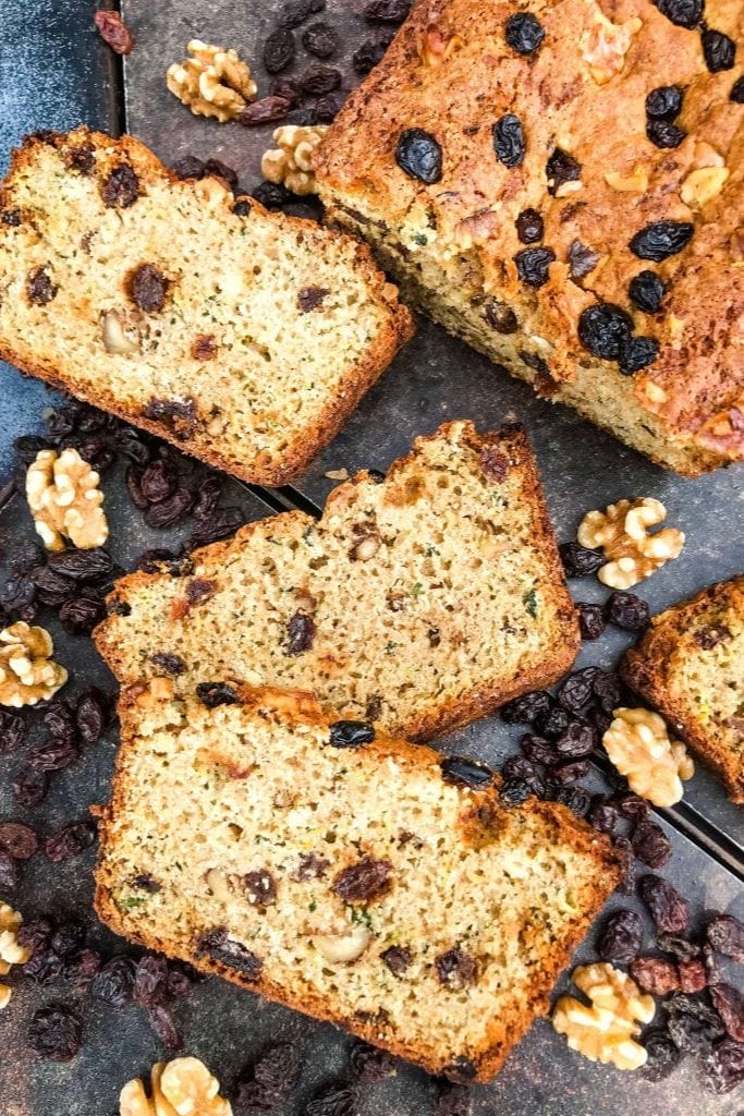 slices of walnut raisin zucchini bread