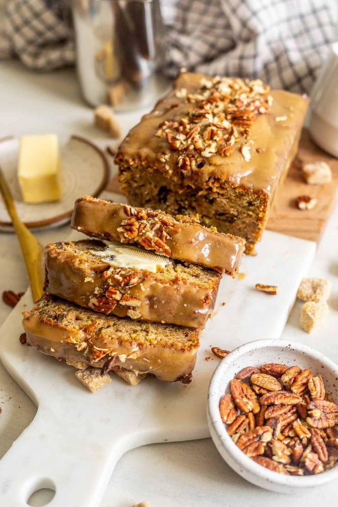 sliced zucchini bread with glaze