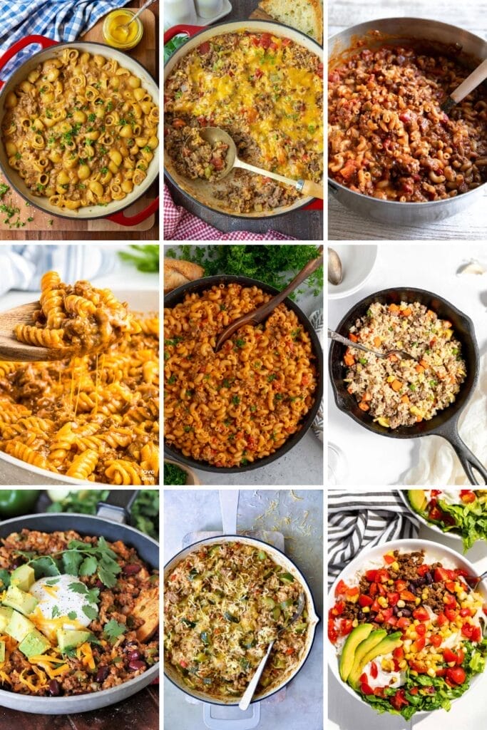 a photo collage of delicious ground beef skillet meals