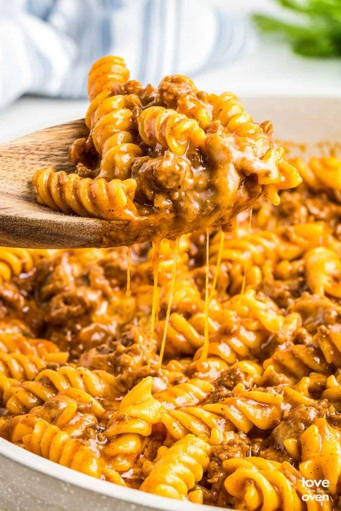 Ground beef enchilada pasta skillet