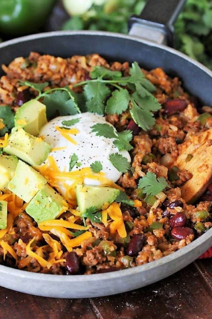 ground beef burrito bowl in a skillet