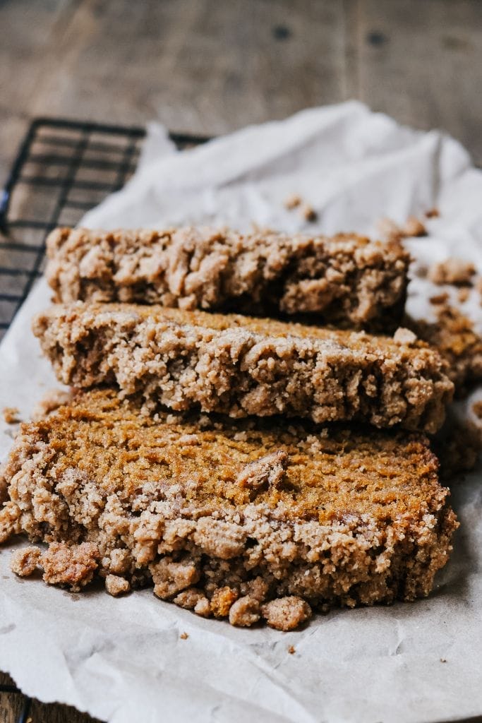 three slices of pumpkin bread with brown sugar streusel