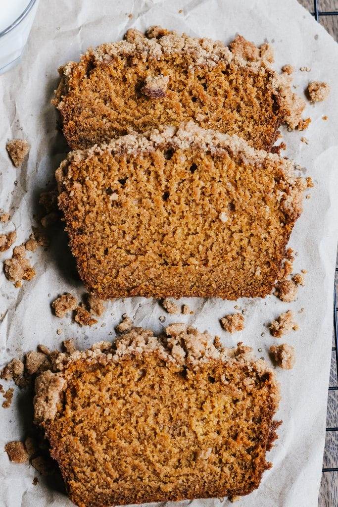 three slices of pumpkin bread with streusel topping