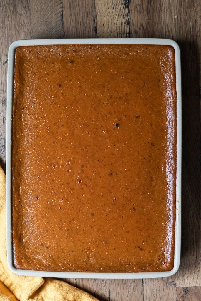 a 9x13 bar pan filled with pumpkin pie bars