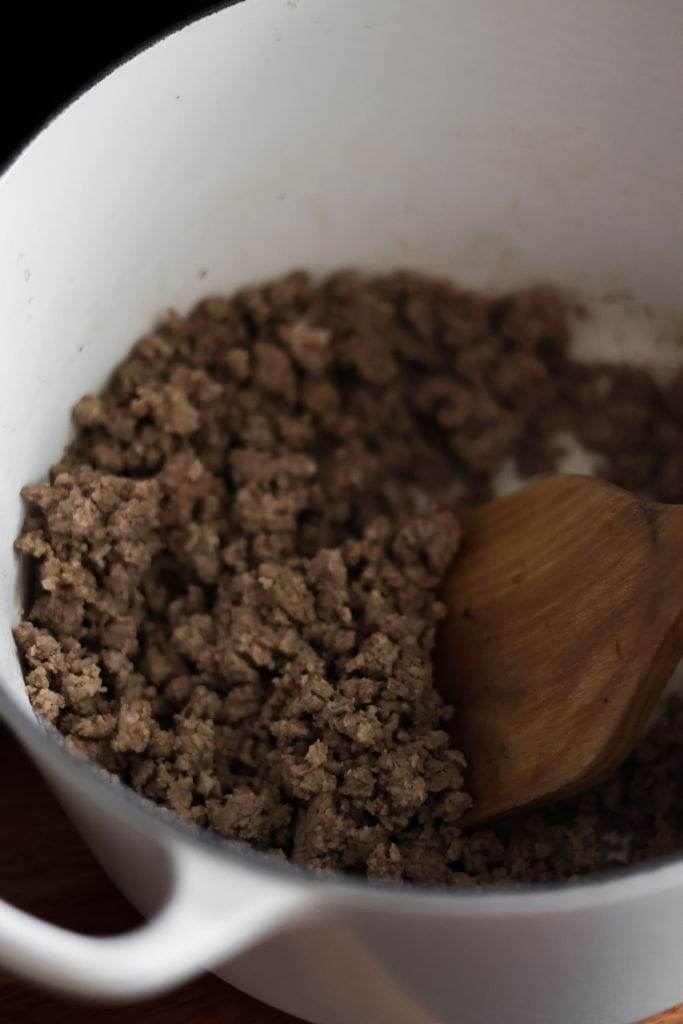 cooked ground beef in a dutch oven