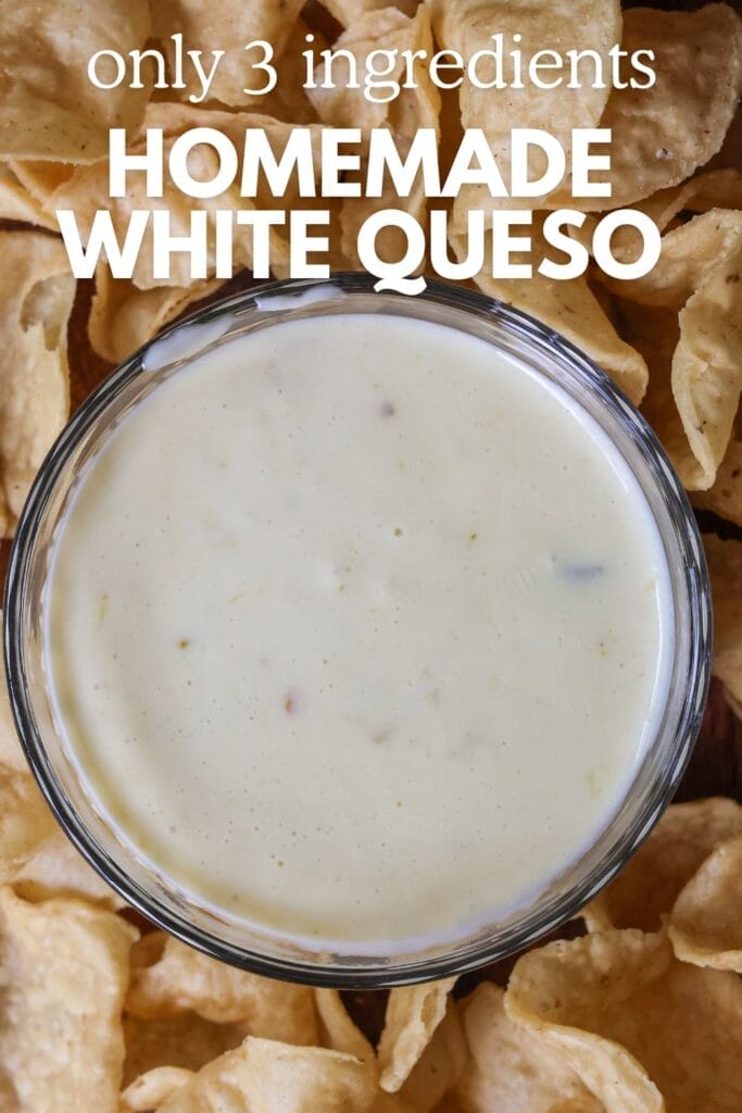 a bowl of white queso with chips laying around it. 